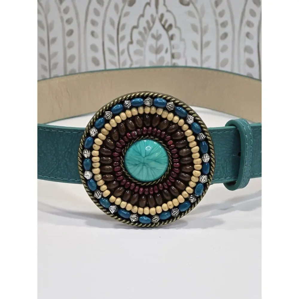 Vintage Womens Medium Belt Western Cowgirl Turquoise Teal Beaded Large Concho